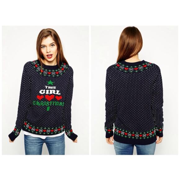 ASOS This Girl Loves Christmas Sweater Navy Blue White Red dot heart - Picture 1 of 5